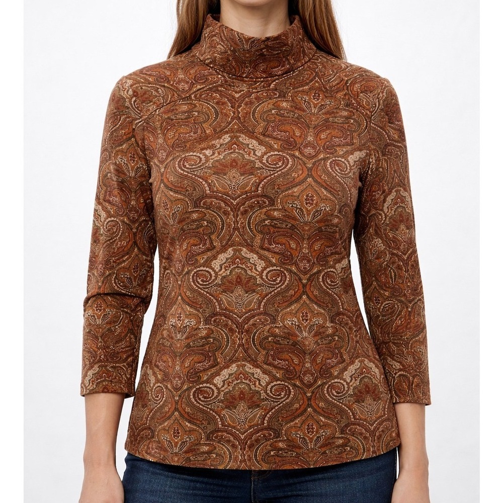 Jones New York Women Mock Neck Paisley Print 100% Cotton Casual Top Medium